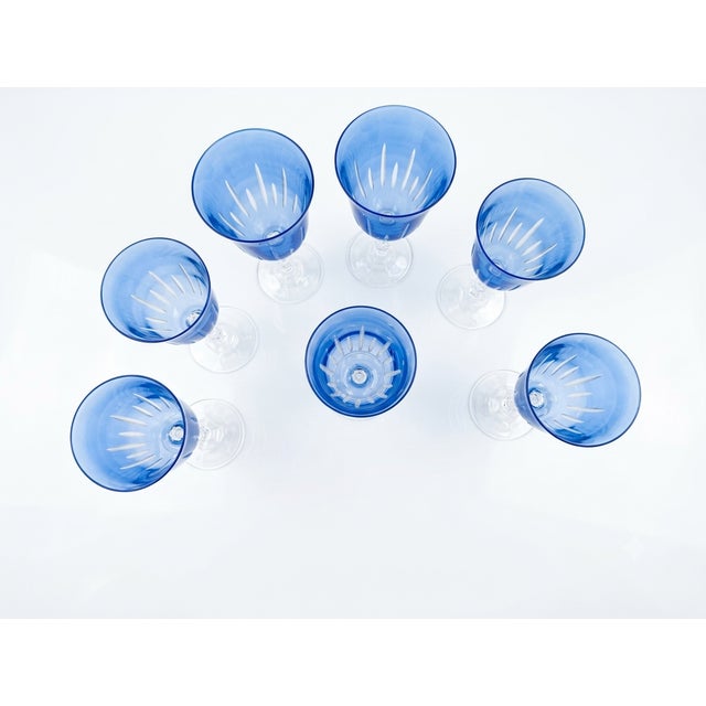 Vintage Blue Crystal Wine Glasses, 1970s, Set of 7, in Very Good conditions. Designed 1970 to 1979