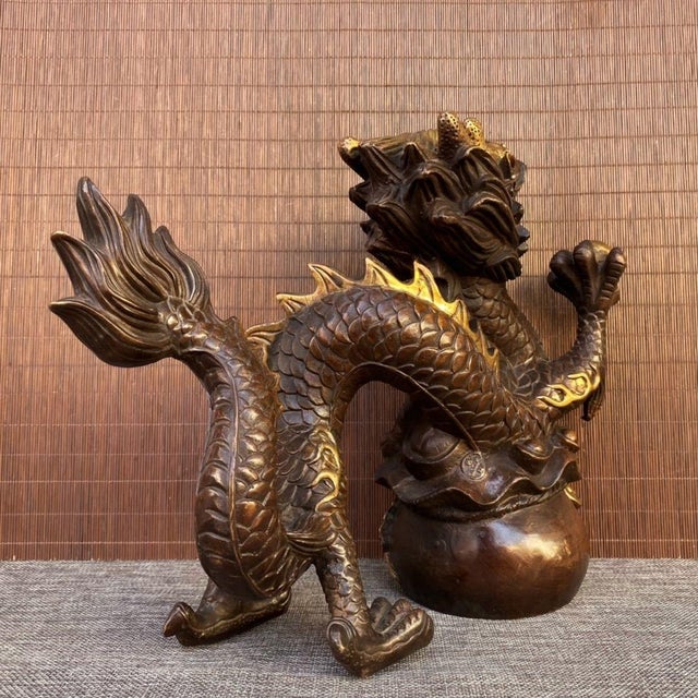 Chinese Late 20th Century Gilt Bronze Dragon on Treasure Basin Sculpture For Sale - Image 3 of 9