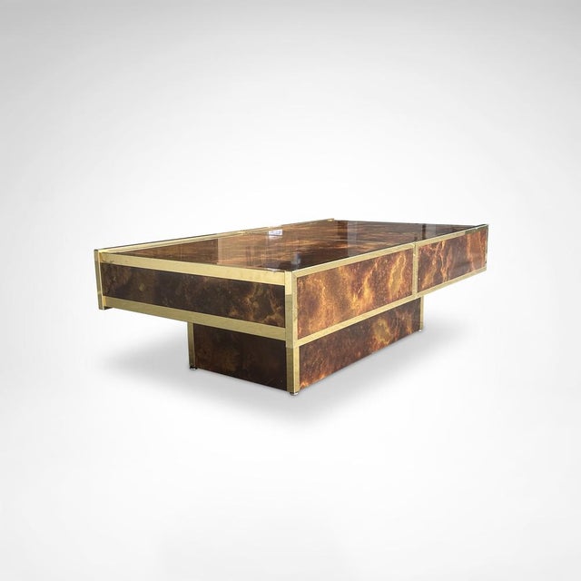 Wood Coffee Table in Burl Wood and Brass Metal with Bar from Maison Lancel, France, 1980s For Sale - Image 7 of 10