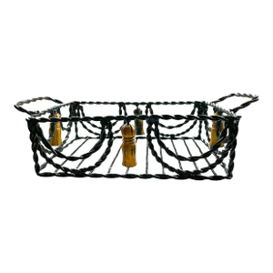 Vintage Hollywood Regency Black Wrought Iron and Gold Gilt Tassel Basket Tray With Handles