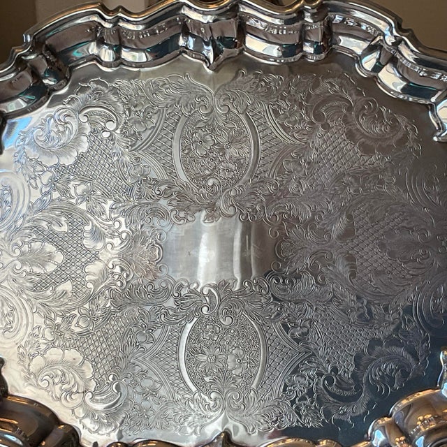 Vintage Leonard Silver Plate Footed Serving Tray With Ornate Floral Engraving For Sale - Image 12 of 12