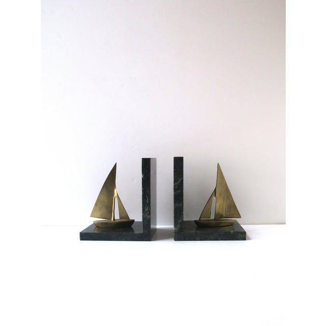 Nautical Dark Green Marble Brass Sailboat Nautical Bookends, Pair For Sale - Image 3 of 13