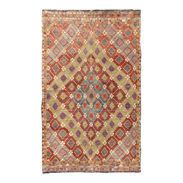 Colorful Kilim/Jijim With Diamonds in Light Green, Light Blue and Red For Sale