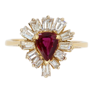 18k(750) Yellow Gold Natural Diamond Ballerina Ruby Ring, Size 6.5