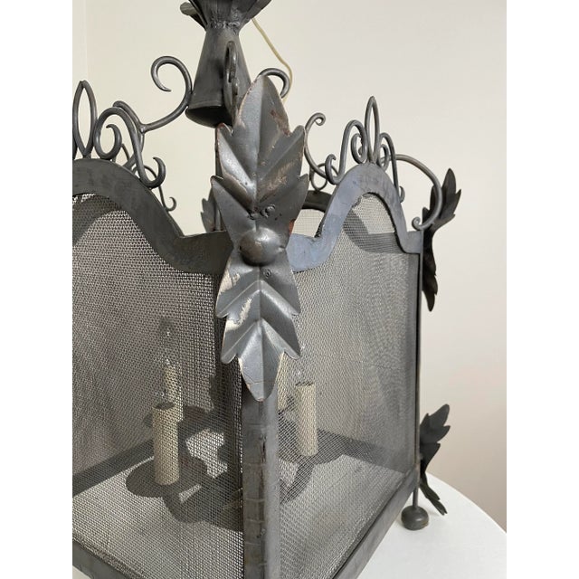 French Country Square Pewter Finish Metal Pendant Ceiling LIght For Sale - Image 4 of 12