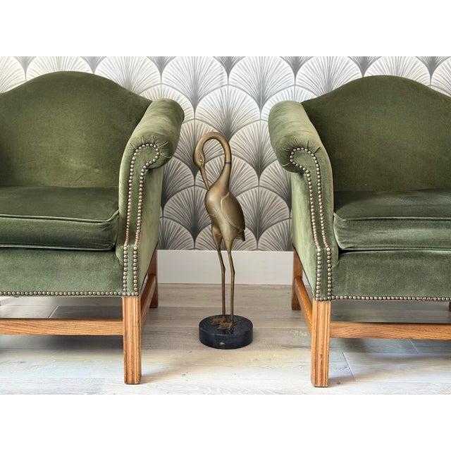 Vintage Mid-Century Modern Hollywood Regency Bronze Brass and Marble Crane Bird Figure Statue Sculpture Dimensions: 27"...