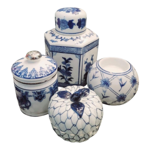 Vintage Collection Ceramic Blue and White Herend Style Chinoiserie Small Containers Candle Set 4
