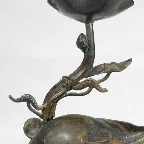 Meiji Early 20th Century Japanese Shokudai Bronze Candlestick Antique Metal Crane Bird Tortoise Animal Lotus For Sale - Image 4 of 12