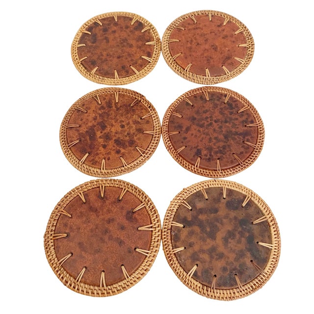 1960s 1960s Terracotta & Rattan Round Drink Coasters - Set of 6 For Sale - Image 5 of 5
