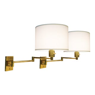 Matched Pair of George Hansen Ny Brass Swing Arm Extension Wall Lamps Metalarte 1950's Spain For Sale