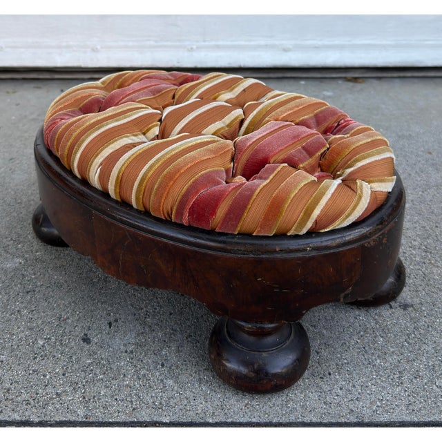 Nancy Corzine Antique French Empire Mahogany Oval Footstool W Corzine Silk Velvet Stripe For Sale - Image 4 of 6