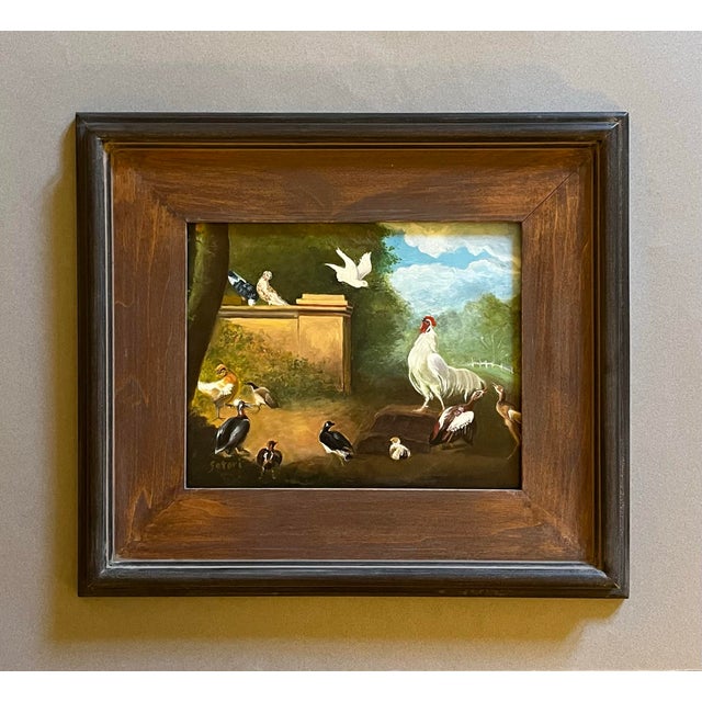 Realism Oil Painting of a Farmyard With Birds, Geese, Pigeons and Rooster. For Sale - Image 3 of 3
