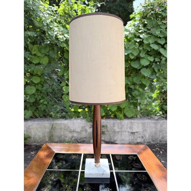 Small Mid-Century Wood Lamp with Marble Base, Brass-Tone Hardware, and Cream Cylinder Shade. Unmarked. Danish style. An...