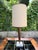 Small Mid-Century Wood Lamp with Marble Base, Brass-Tone Hardware, and Cream Cylinder Shade. Unmarked. Danish style. An...
