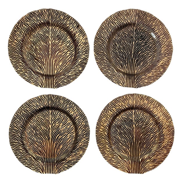 Early 21st Century Contemporary Turkish Art Glass Tree of Life Service Plates Bronze Gold Painted 13" - Set of 8 For Sale - Image 5 of 6