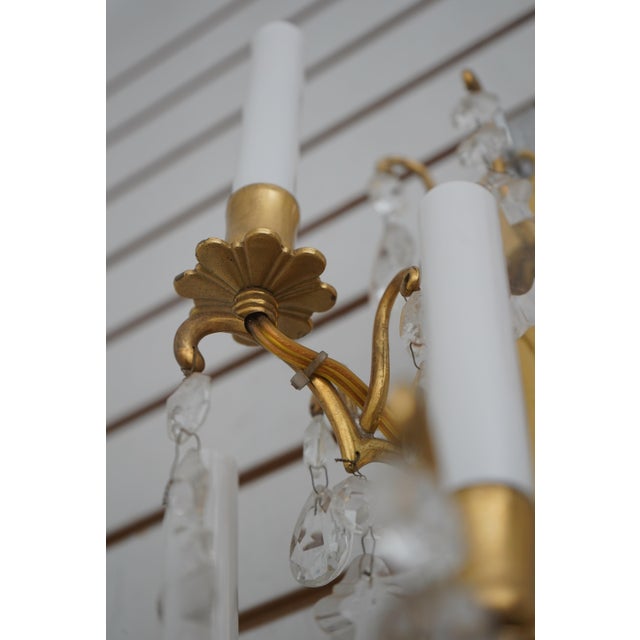 1950s Pair Vintage Brass & Crystal Lighted Wall Sconces For Sale - Image 5 of 11