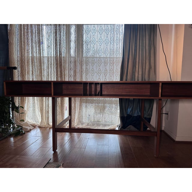 Beautiful and functional work art! Warm teak wood desk or large table. Fold 1/4 of length of desk up and over to make desk...