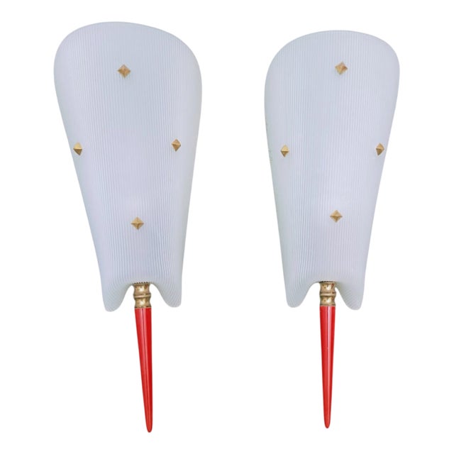 Vintage Wall Lights with Textured Shades and Red Details, 1950s, Set of 2 For Sale