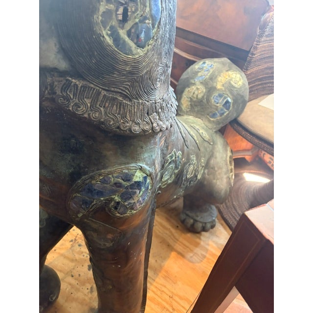 Metal 1950s Large 44 Inch High Asian Bronze Foo Dog Statue With Shell Stone Inlay For Sale - Image 7 of 10