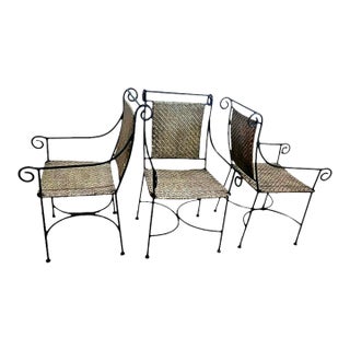 Solid Wrought Iron and Raffia/Rattan Uniquely Treated Armchairs - Set of 3 For Sale