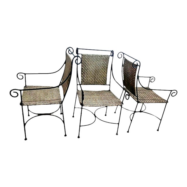Solid Wrought Iron and Raffia/Rattan Uniquely Treated Armchairs - Set of 3 For Sale