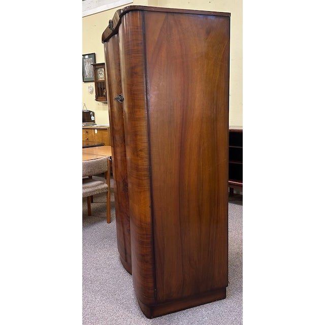 Curvaceous Deco Walnut Armoire. Labelled & Fitted Interior c.1930's For Sale - Image 4 of 10