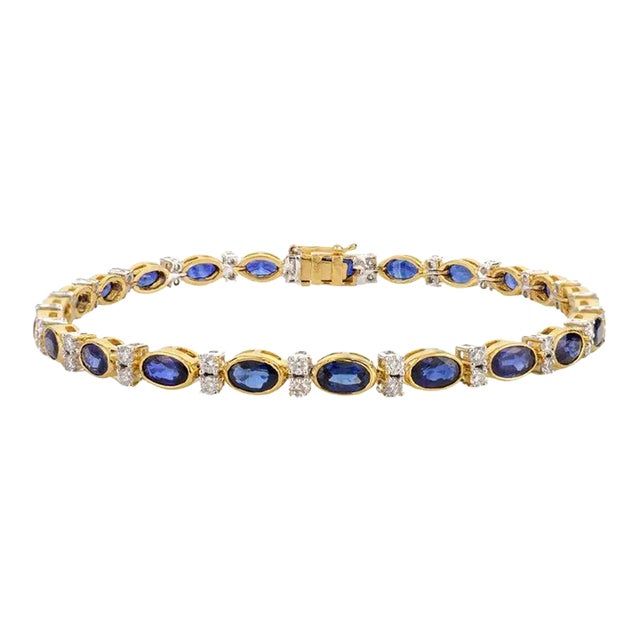 Natural Blue Sapphire Diamond 18k Yellow Gold Tennis Bracelet For Sale