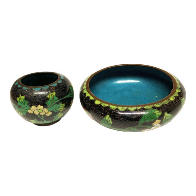 Pair of Antique Black Floral Cloisonné Bowls Vessels, Marked China For Sale