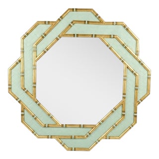 1980s Octagonal Parcel Gilt & Pistachio Faux Bamboo Mirror by Turtle and Cran For Sale