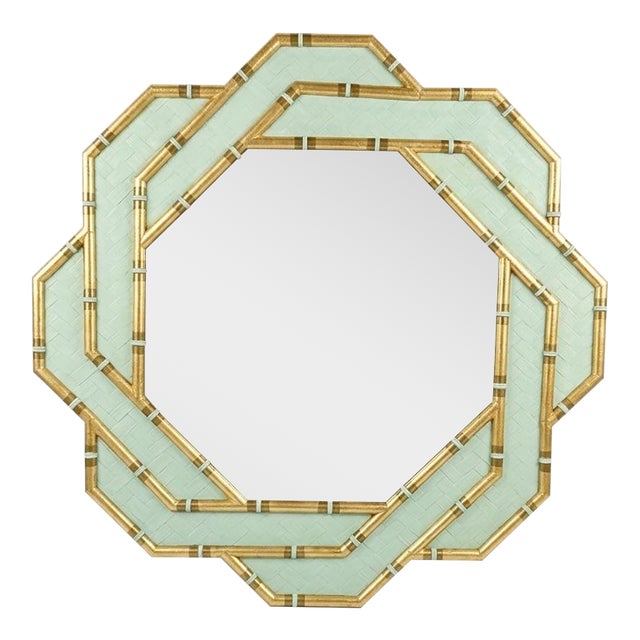 1980s Palm Beach Regency Octagonal Parcel Gilt & Pistachio Faux Bamboo Mirror by Turtle and Crane For Sale