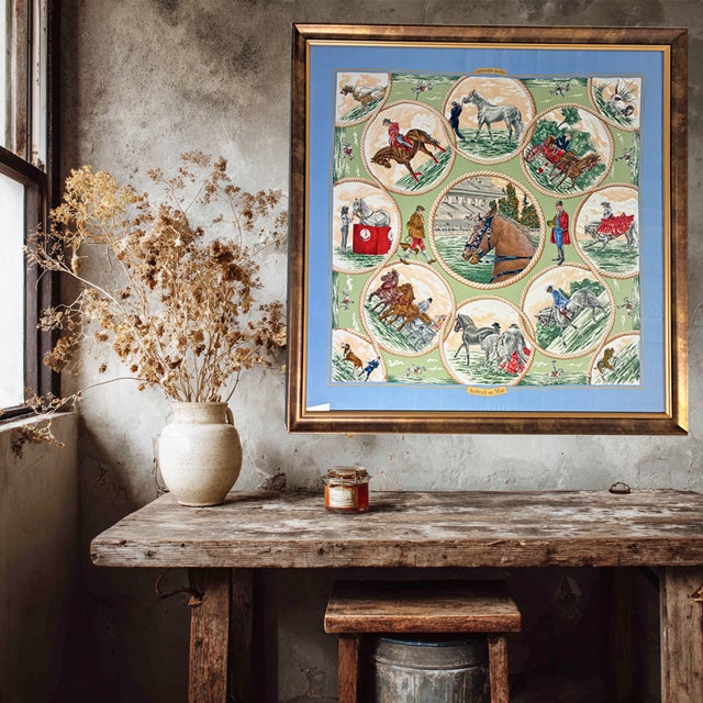 French Country Framed Hermès Paris Silk Scarf "Auteuil en Mai," Equestrian Wall Art, 37" X 37" For Sale - Image 3 of 6