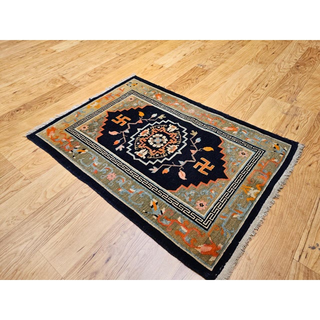 Vintage Tibetan Medallion Rug, Wool on Cotton, Black & Green, 1900s, 2' x 3' For Sale - Image 9 of 11
