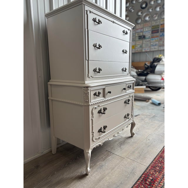 Early 20th Century French Provincial Tallboy Dresser in Soft Neutral Finish – Ornate Carved Details, Solid Wood For Sale In Denver - Image 6 of 7