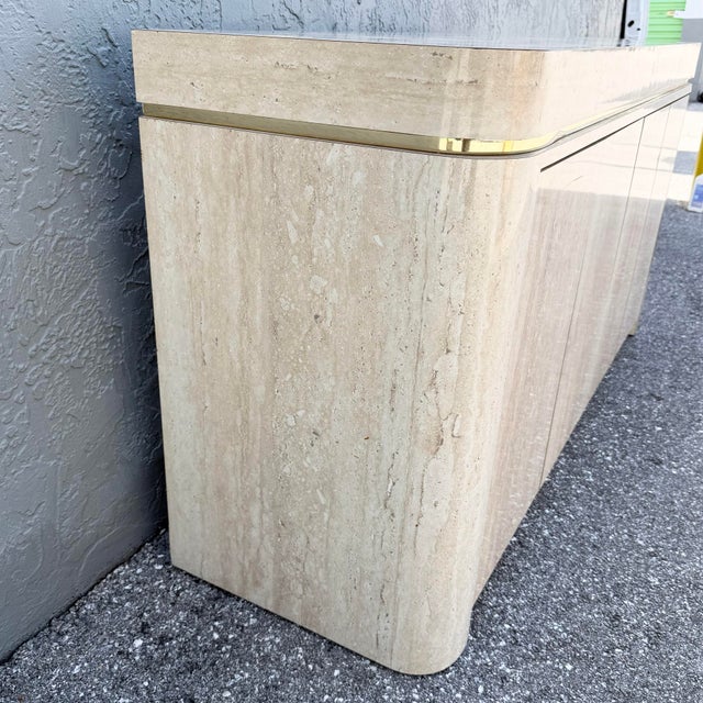 Postmodern Faux Travertine Laminate Credenza With Gold Accent For Sale In West Palm - Image 6 of 8