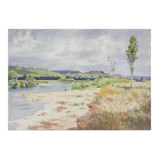 Late 19th Century French Plein Air Riverside Landscape Watercolor Painting For Sale