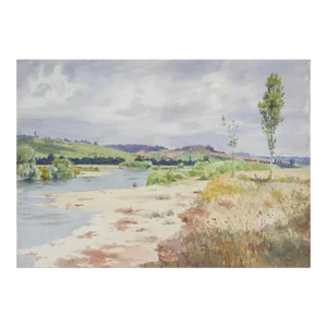 Late 19th Century French Plein Air Riverside Landscape Watercolor Painting