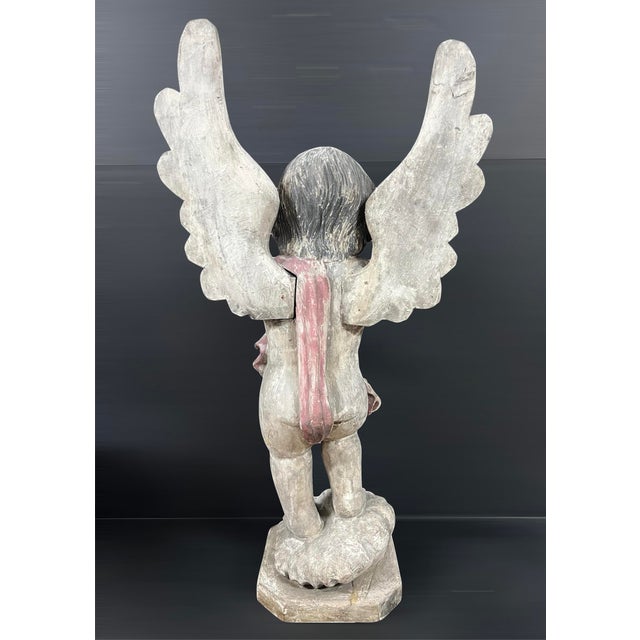 Vintage Hand Carved Wooden Standing Angel With Glass Eyes Sculpture For Sale - Image 10 of 10