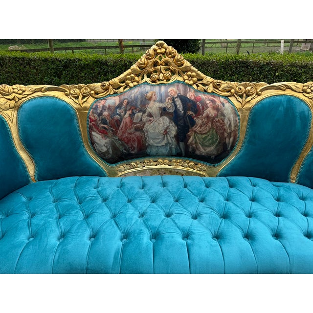 1900s French Louis XVI Blue/Green Velvet Beech Sofa Set 5pc For Sale - Image 10 of 18