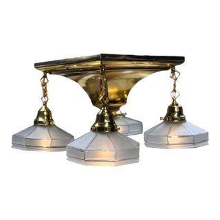 Semi Flush Arts and Crafts Light Fixture in Polished and Lacquered Brass With Four Vintage Frosted Octagonal Clear Glass Shades #2663 For Sale