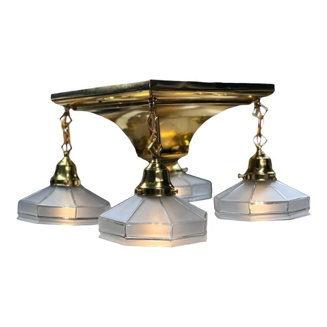 Semi Flush Arts and Crafts Light Fixture in Polished and Lacquered Brass With Four Vintage Frosted Octagonal Clear Glass Shades #2663 For Sale