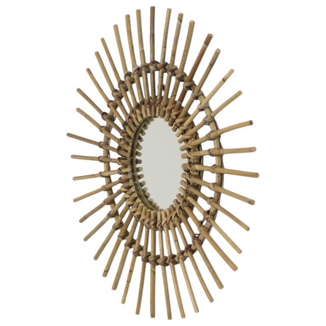 Mid-Century Rattan and Bamboo Sunburst Mirror, France, 1960s For Sale - Image 4 of 12