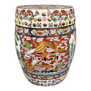 Vintage Chinese Famille Rose Porcelain Drum Garden Stool With Dragon, Court Scene & Floral Motifs For Sale