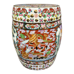 Vintage Chinese Famille Rose Porcelain Drum Garden Stool With Dragon, Court Scene & Floral Motifs