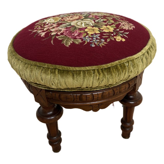 Antique Victorian Style Round Footstool For Sale