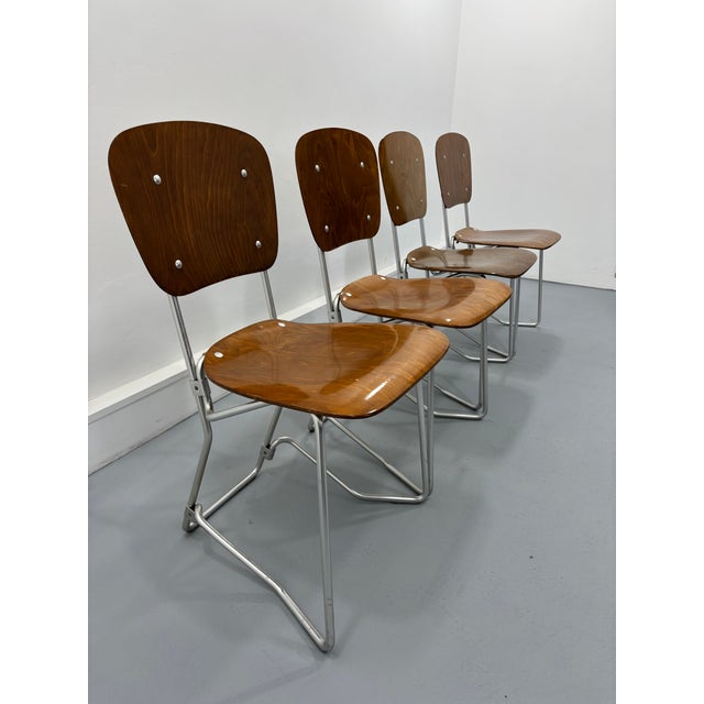 Set of four chairs called "Alu-Flex" by Swiss designer Armin Wirth. Originally designed for a school, they are stackable:...