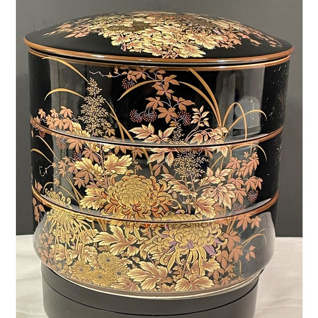 1960s Vintage Shibata Japanese 3 Tiered Black Porcelain Lidded Box Dragonflies Flower For Sale - Image 6 of 8
