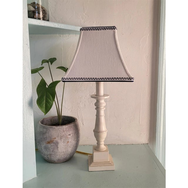 Contemporary Small White Linen Lampshade Clip on Blue Trim Square Bell For Sale - Image 10 of 13
