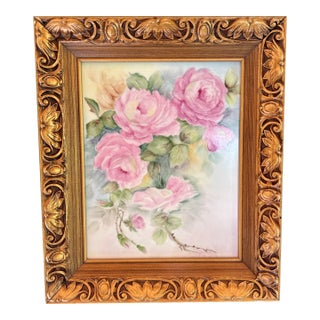 Charming Hand-Painted Rose Painting on Porcelain – Signed & Framed, 1980 For Sale