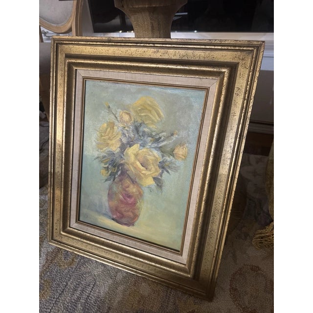 Yellow roses in vase with beautiful yellows, reds, pinks, greens, sea green. Elegant wall piece for living room, dining...