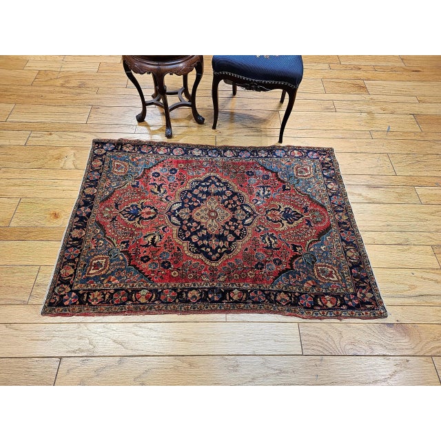 Art Deco Vintage Persian Sarouk Area Rug, Handwoven Floral Design, Red & Turquoise, 4’ X 5’ For Sale - Image 3 of 12